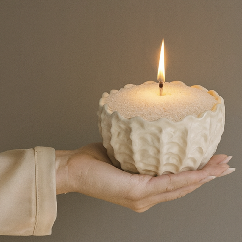 Hand holding a textured ceramic bowl with a lit candle inside against a plain background